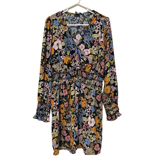 Wayf Black Floral Long Sleeve Mini Dress Size Large By‎ Anthropologie - Picture 1 of 6